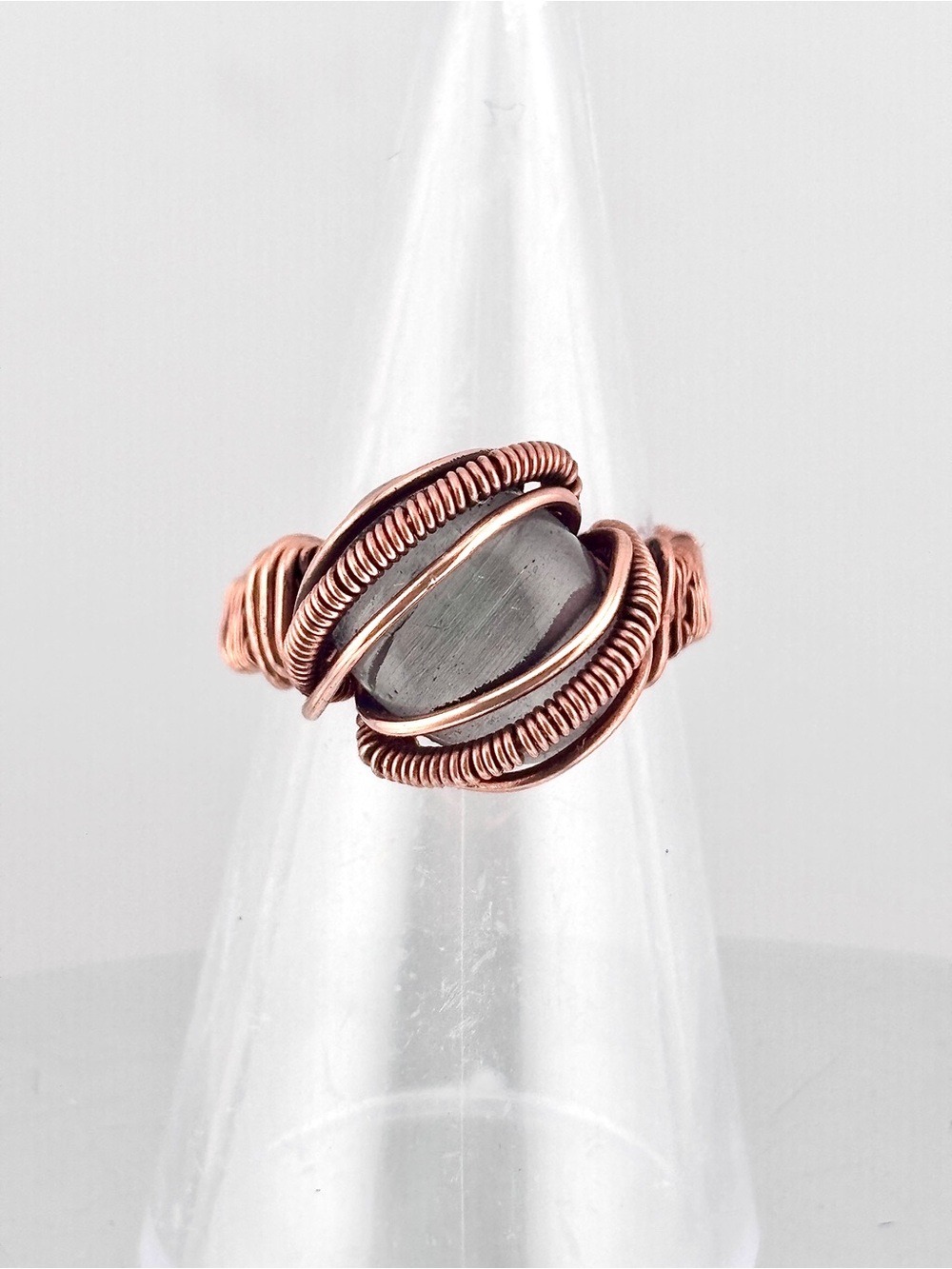HANDMADE Gray Cats Eye Copper Wire Wrapped Ring Size 6 1/2, Artisan Jewelry Gift